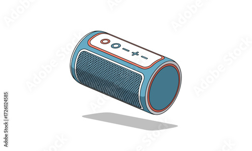 Cartoon illustration of a floating blue cylindrical portable Bluetooth speaker with control buttons.