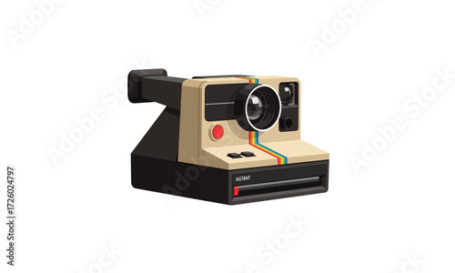 Classic Polaroid OneStep instant film camera with a retro beige and black body and iconic rainbow stripe.