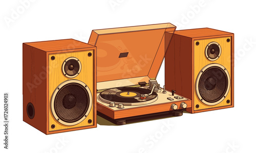 Classic wooden record player with two matching speakers and a spinning black vinyl record.