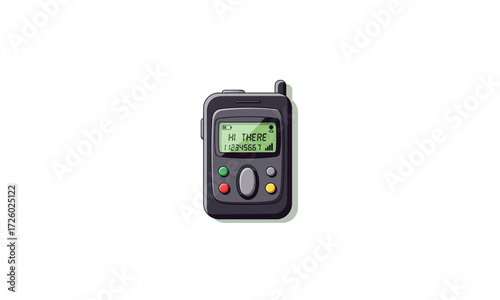 Compact black wireless pager with a pixelated green LCD screen and colorful control buttons.