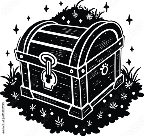A vintage treasure chest overflowing with riches and surrounded by magical sparkles