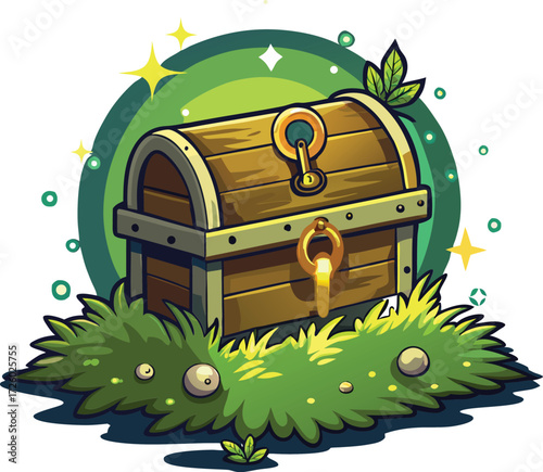 Enchanted wooden treasure chest brimming with magical secrets and glowing orbs