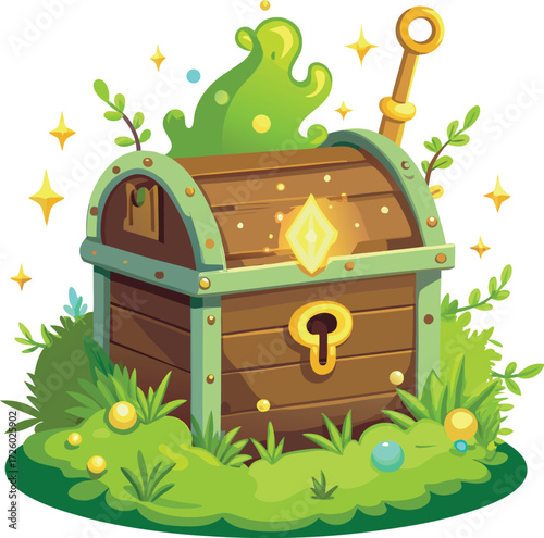 Enchanted wooden treasure chest overflowing with magical light and a golden key