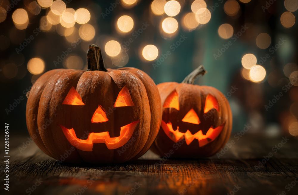 Fototapeta premium Two glowing jack-o'-lanterns on a wooden table with festive bokeh lights in the background.