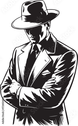 Black and white illustration of a man in a fedora and suit with arms crossed male person