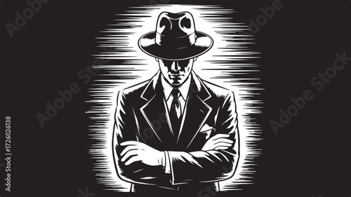 Black and white illustration of a man in a fedora and suit with arms crossed male person 1