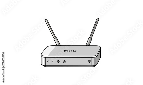Dual-antenna Wi-Fi router illustrated in a clean, monochrome line drawing style.