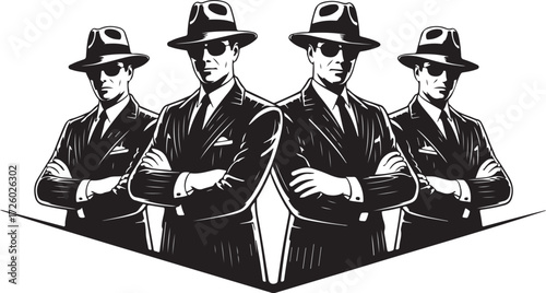 Four men in fedoras and suits with arms crossed in black and white group people