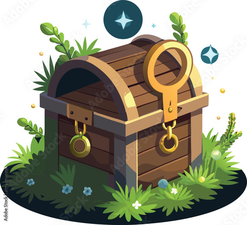 Enchanted wooden treasure chest overflowing with magical glowing particles and lush green foliage