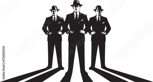 Three men in black suits and fedora hats standing with hands on hips casting long shadows group team