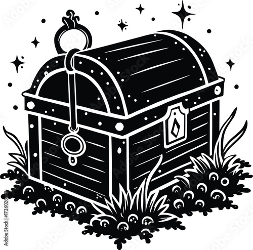 Ornate treasure chest filled with jewels and surrounded by lush foliage