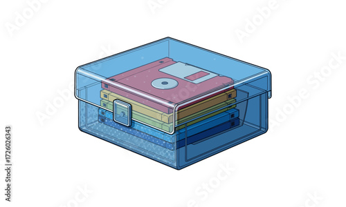 Floppy Disks in Blue Translucent Storage Box, Vintage Data Media.