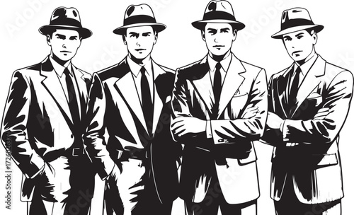 Four men in fedora hats and suits standing together in a graphic illustration style group people