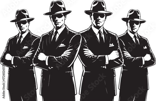 Four men in fedora hats and suits with arms crossed in a stylized black and white illustration group 1