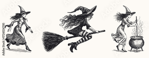 witches in magical scenes set collection hand drawn sketch illustration classic attire pointed hat striped stockings flying on broomstick stirring steaming cauldron line art detailed card design