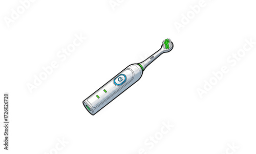 Electric toothbrush with a green brush head, white handle, and blue button.
