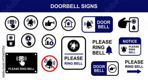doorbell, push or press bell, ring bell etc signs for home, office, house, front door, emergency, guest, visitors. eps signs set on white background.