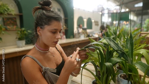 A Young Woman Enthusiastically Caring for Her Indoor Plants in a Warm and Cozy Setting