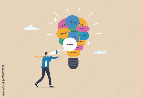 Communication, marketing message to communicate with consumer, advertising strategy, media or announcement information dialogue, businessman talking on megaphone with speech bubble lightbulb idea.