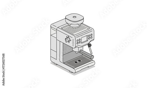 Isometric Espresso Machine Illustration with Grinder, Drip Tray, and Water Tank.