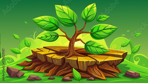 Vibrant green sapling with abundant leaves breaking through a massive broken log