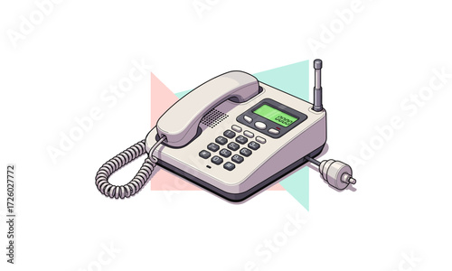 Isometric illustration of a retro off-white cordless landline phone with an antenna and coiled cord.