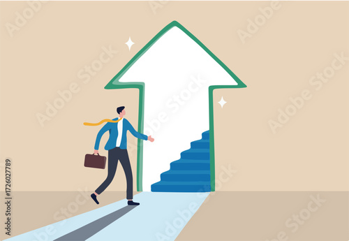 Stairway to new opportunity, success path or open door to career chance, leadership improvement, progress or solving problem concept, businessman open arrow up door to walk up stair to success