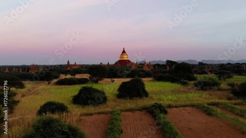 Golden light bathes the ancient temples of bagan at dusk, myanmar