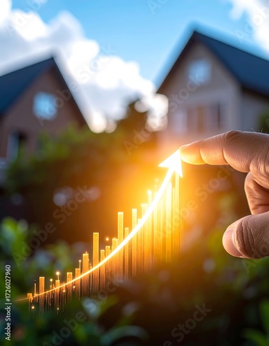 Hand pushing upward trend graph over houses