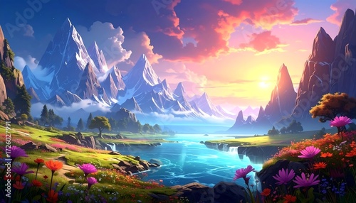 A scenic vista features snow-capped mountains overlooking a serene lake bordered by vibrant wildflowers under a colorful sky