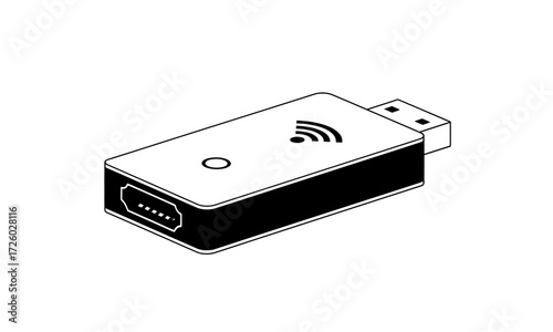 Isometric View of a White and Black USB Dongle with Wireless Symbol.