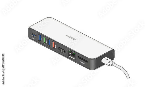 Isometric line drawing of a sleek, two-tone multiport USB-C hub adapter with various ports and an attached cable.