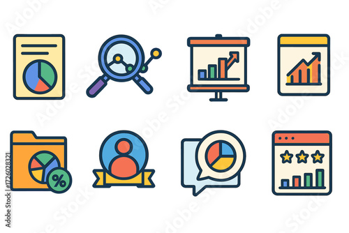 Analytics and business flat icon set. data visualization and graphs icon collection