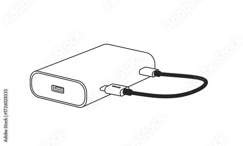 Minimalist line art of a portable power bank with a USB port and a short, connected charging cable.