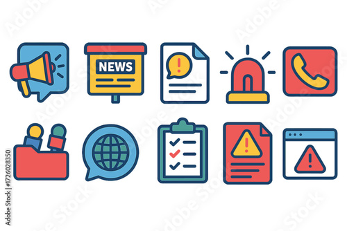 Communication and alert flat icon set. messaging, notification icons flat collection