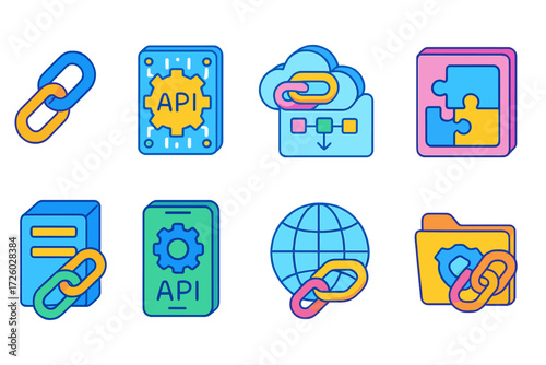 Networking, api flat icon set. connectivity, link structure, integration visuals.