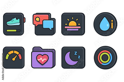 Fitness and wellness flat icon set. activity, health tracker, and sleep icons collection