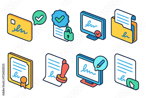 Business isometric icon set. office, document, digital file management icons collection