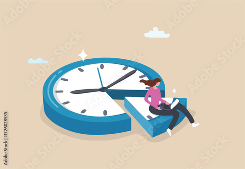 Part-time job, work tracking system, day planning or time management, side hustle or office work deadline, start and end time schedule concept, businesswoman working with laptop on split time clock