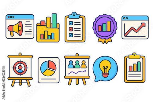Business analytics icon set. data visualization and marketing flat icons collection.