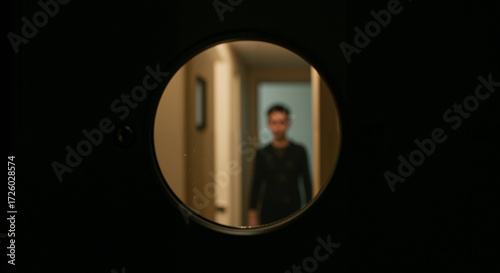 Man standing outside door viewed through peephole in dark hallway  