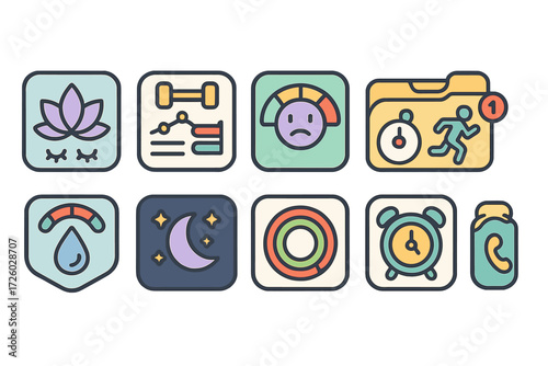 Health and fitness icon set. wellness, exercise, sleep, hydration flat icons collection