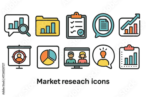Business market research icon set. flat analytics, data visualization icons collection