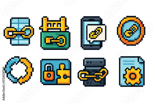 Security and blockchain pixel icon set. digital, data protection flat pixel collection