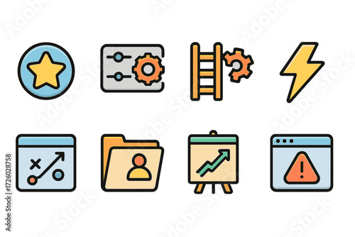 Business and technology flat icon set. strategy, analysis, tools graphics collection