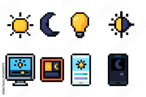 Pixel 3d icon set: sun, moon, light bulb, device icons in retro style