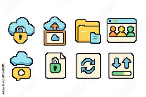 Cloud computing pixel icon set. secure storage, synchronization pixelated icons collection