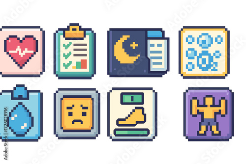 Health and fitness outline icon set. wellness, exercise, and activity pixel icons