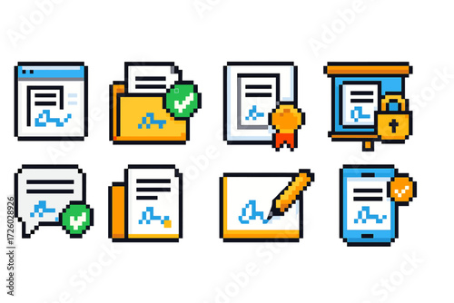 Digital signature pixel icon set. secure document approval, online signing icons.