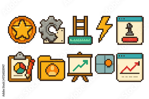 Business and analytics pixel icon set. flat pixelated collection for data visualization